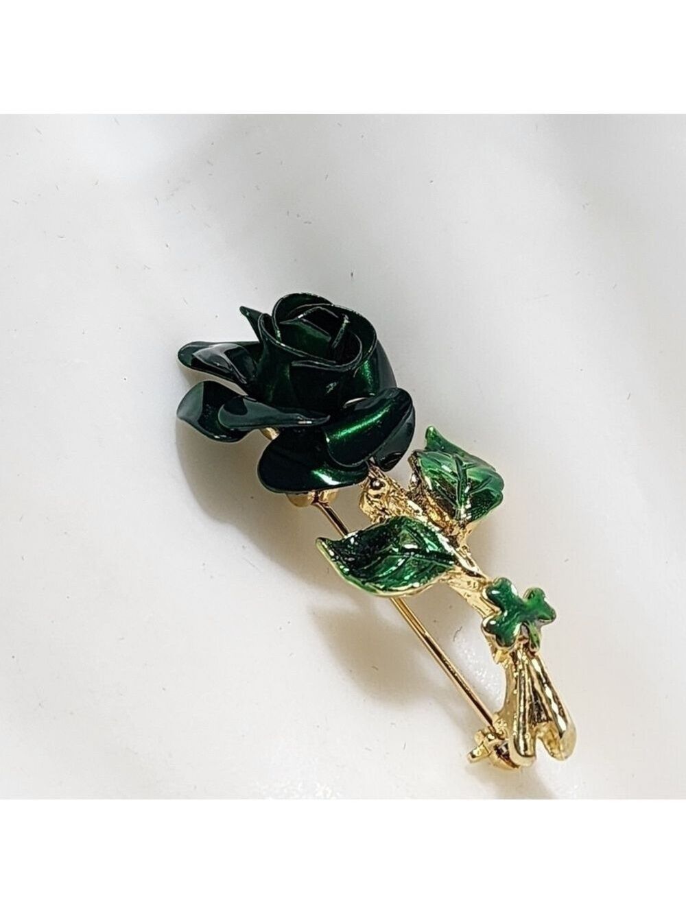 Emerald Green 3D goldtone metal Rose Brooch pin clover Irish St. Patrick's Day